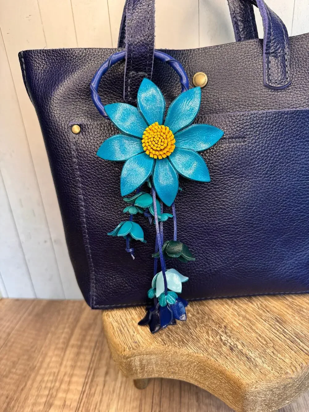 Leather Purse Charm Blue Flower Charm Genuine Leather Daisy Bag Charm NEW!